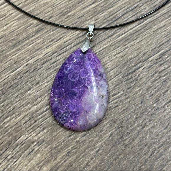 Purple Chrysanthemum Coral Fossil Teardrop Pendant Necklace – One of a Kind - Picture 2 of 10
